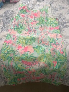 Lilly Pulitzer Women's Flamingo, Giraffe pink, green, and blue print.